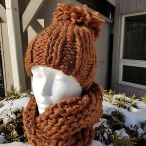 Knitted Hat and Scarf, wool made winter set, cinnamon